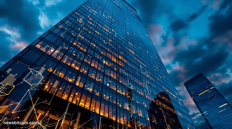 A cinematic photorealistic editorial photograph of the Chicago Mercantile Exchange (CME) building exterior at dusk, with the 