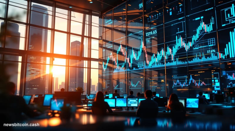 A cinematic photorealistic editorial photograph of a professional trading floor or financial district at golden hour, with mu