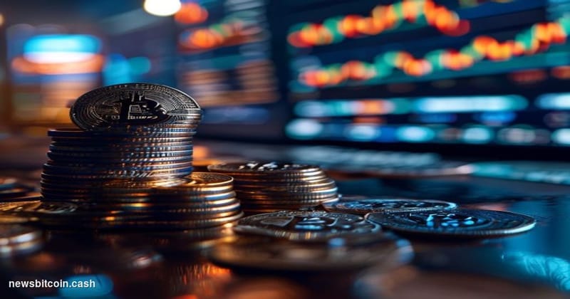 A cinematic photorealistic editorial photograph showing a dramatic close-up of physical Bitcoin coins stacked in organized pi