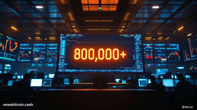A cinematic photorealistic editorial photograph showing the iconic Bitcoin symbol prominently displayed on a large digital tr