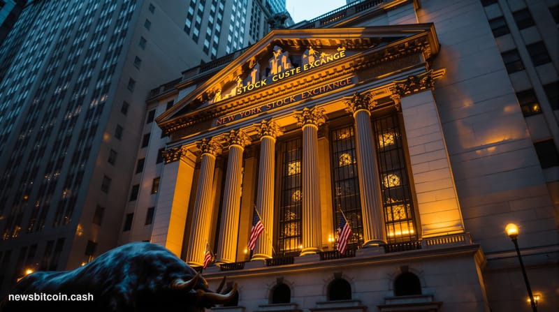 A dramatic cinematic photograph of the New York Stock Exchange building exterior at golden hour, with the iconic columned fac