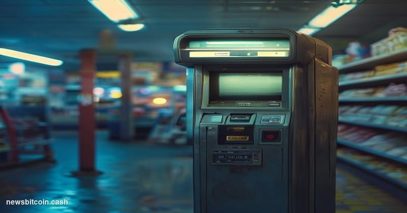 A cinematic photorealistic editorial photograph showing an abandoned Bitcoin ATM kiosk in a dimly lit convenience store or ga