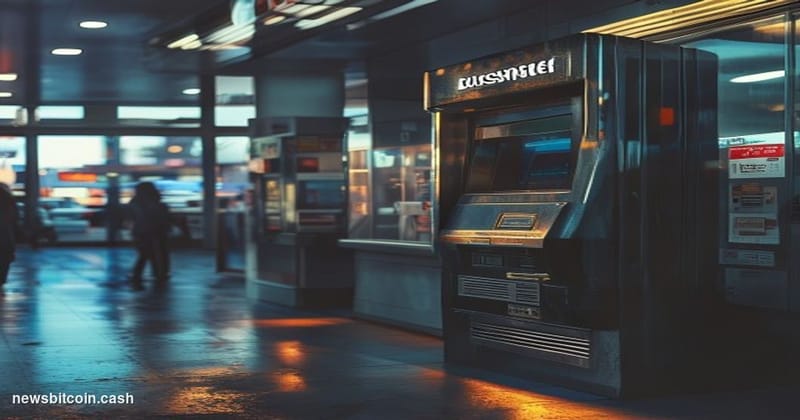 A cinematic photorealistic editorial photograph showing a shuttered Bitcoin ATM kiosk in an urban setting, with the distincti