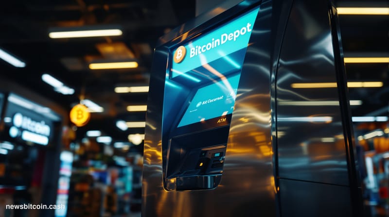 A cinematic photorealistic editorial photograph of a Bitcoin Depot ATM kiosk in an urban retail environment, shot from a low 