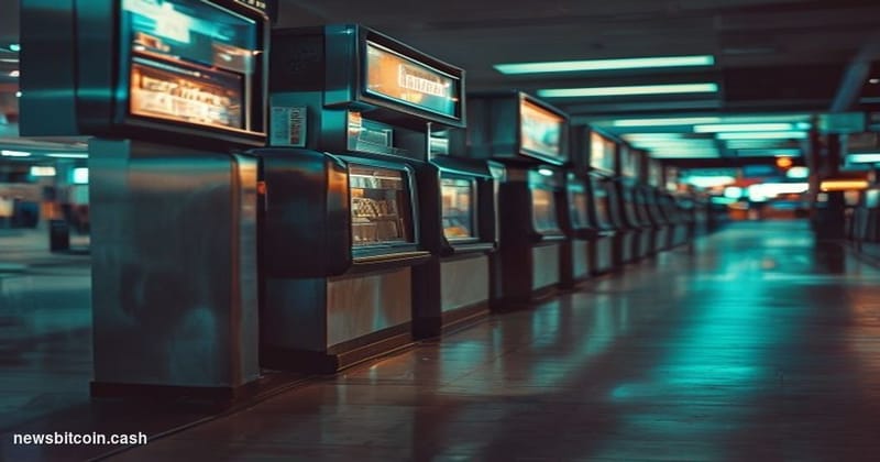 A cinematic photorealistic editorial photograph showing a row of Bitcoin ATM machines in an urban strip mall or convenience s