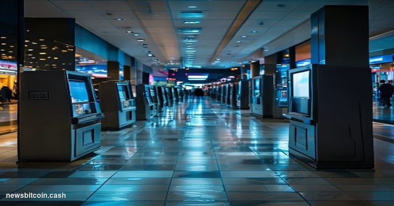 A dramatic wide-angle photograph of Bitcoin ATM kiosks in a shopping mall or retail corridor, shot from a low angle with hars
