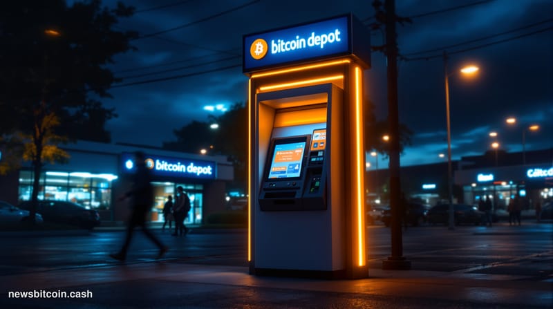 A dramatic photorealistic editorial photograph of a Bitcoin Depot ATM kiosk in an urban environment, shot from a low angle wi