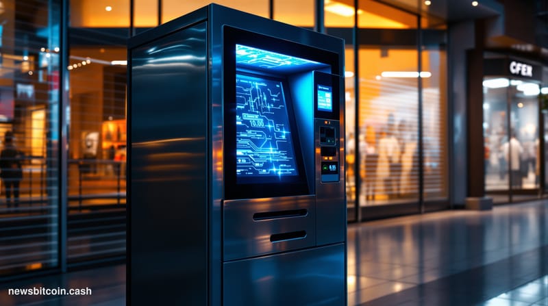 A cinematic photorealistic editorial photograph of a Bitcoin ATM machine in an urban retail environment, shot from a low angl