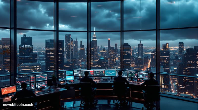 A cinematic photorealistic editorial photograph capturing the intersection of traditional finance and digital assets during m