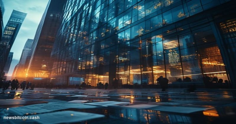 A cinematic photorealistic editorial photograph showing the imposing glass facade of a major financial institution's trading 