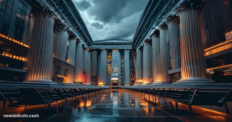 A cinematic photorealistic editorial photograph showing the New York Stock Exchange building on Wall Street at dusk, with dra