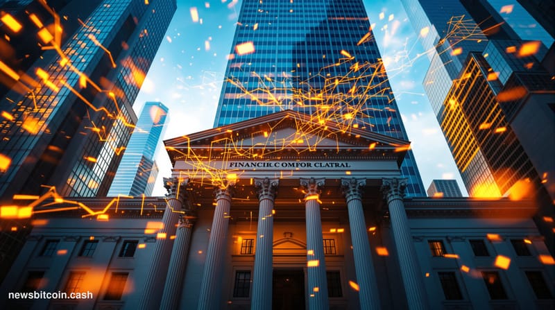 A cinematic photorealistic editorial photograph showing the dramatic contrast between traditional Wall Street finance and eme