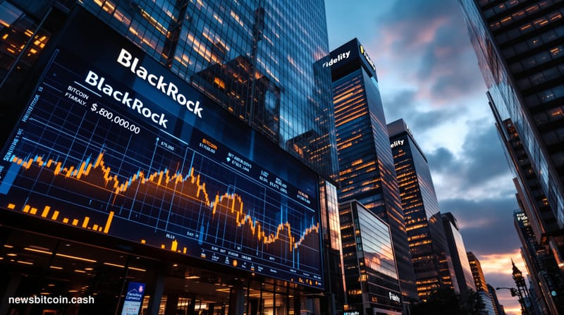 A cinematic photorealistic editorial photograph of a modern financial district at dusk, with towering glass office buildings 