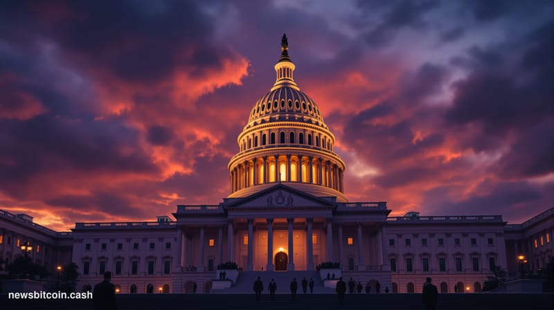 A cinematic photorealistic editorial photograph of the United States Capitol building in Washington DC at dusk, with dramatic
