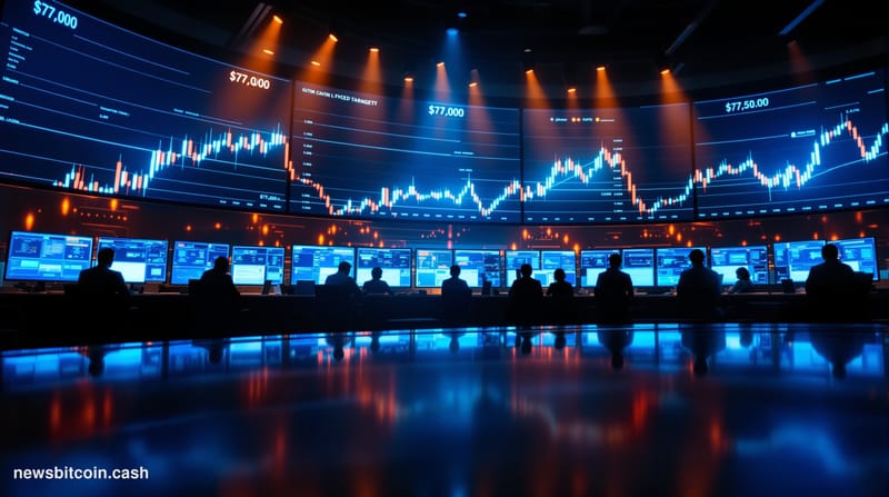 A cinematic photorealistic editorial photograph of a sophisticated cryptocurrency trading floor environment, captured from a 