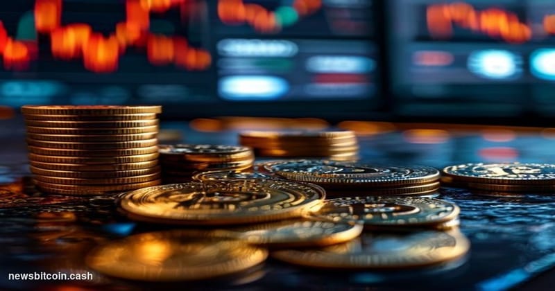 A cinematic photorealistic editorial photograph showing a dramatic close-up view of physical Bitcoin coins stacked precarious