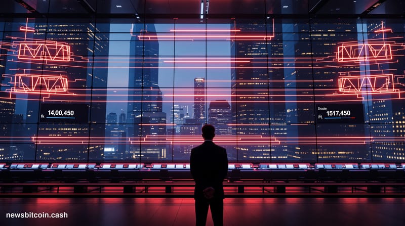 A cinematic photorealistic editorial photograph showing a dramatic view of a massive digital trading floor with multiple larg
