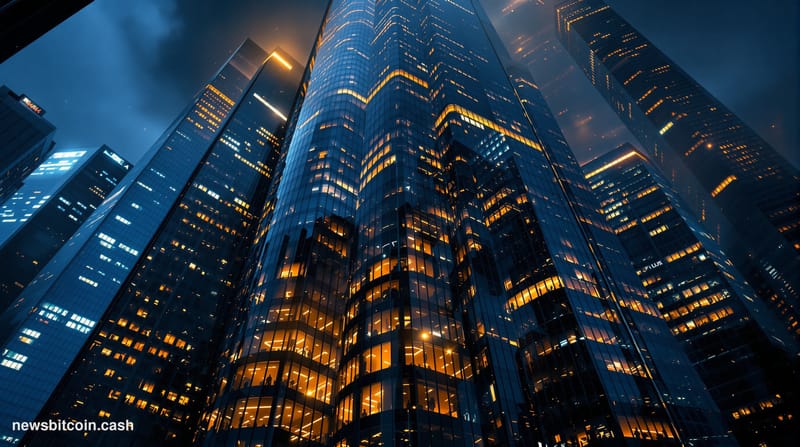 A cinematic photorealistic editorial photograph of a towering financial district at night, shot from a low angle looking up a