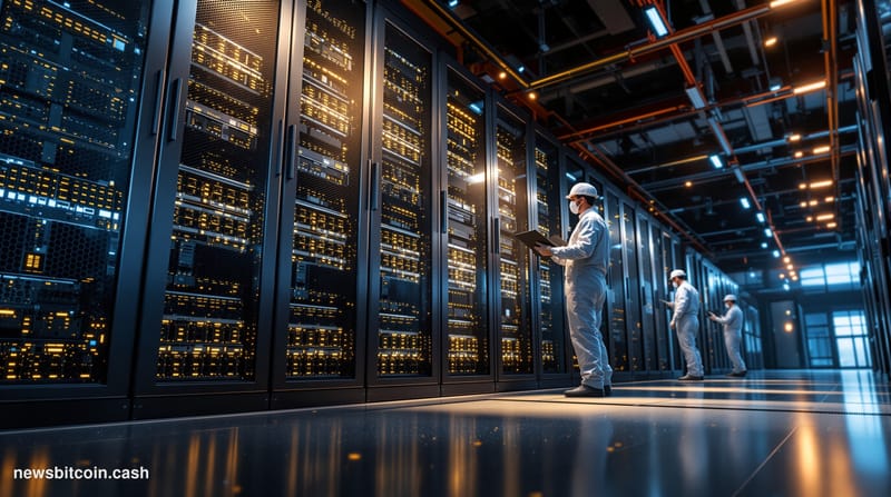 A cinematic photorealistic editorial photograph of a modern cryptocurrency mining facility in the process of transformation, 