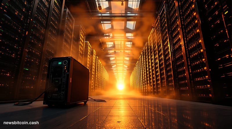 A dramatic cinematic photograph of a massive Bitcoin mining facility at golden hour, shot from a low angle looking up at towe