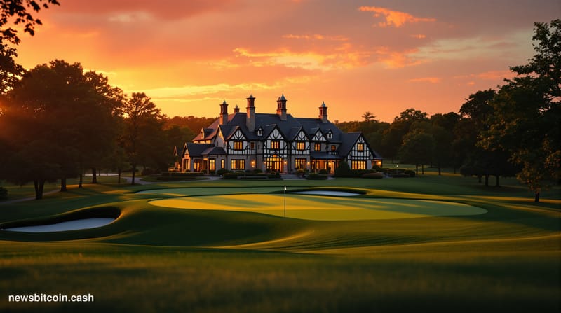 A cinematic photorealistic editorial photograph of Glen Abbey Golf Club's iconic clubhouse and 18th hole at golden hour, shot