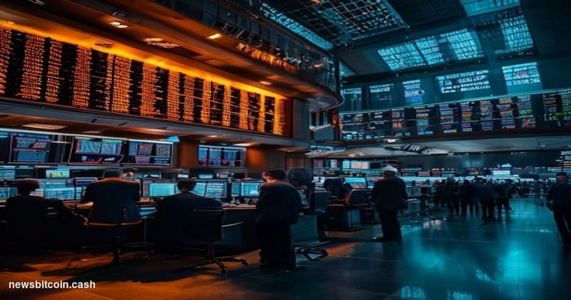 Cinematic photorealistic editorial photograph of the Chicago Mercantile Exchange trading floor interior during active session