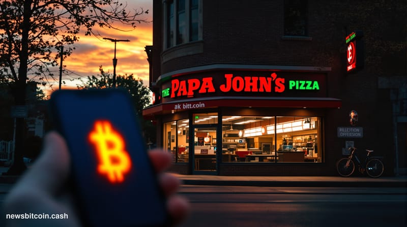 A cinematic photorealistic editorial photograph of a Papa John's pizza restaurant storefront at golden hour, with warm light 
