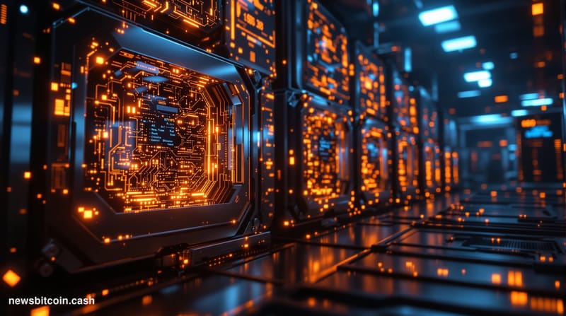 A cinematic photorealistic editorial photograph showing a massive quantum computer facility with gleaming metallic quantum pr