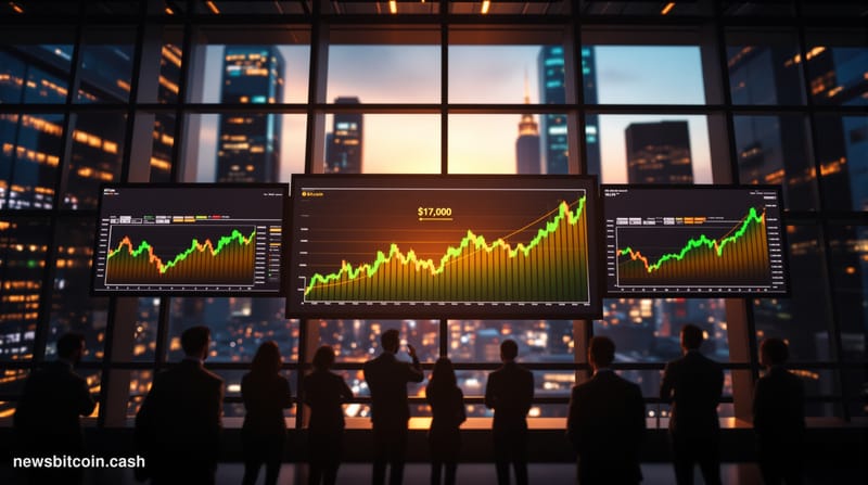 A cinematic photorealistic editorial photograph showing a dramatic upward-trending Bitcoin price chart displayed on multiple 