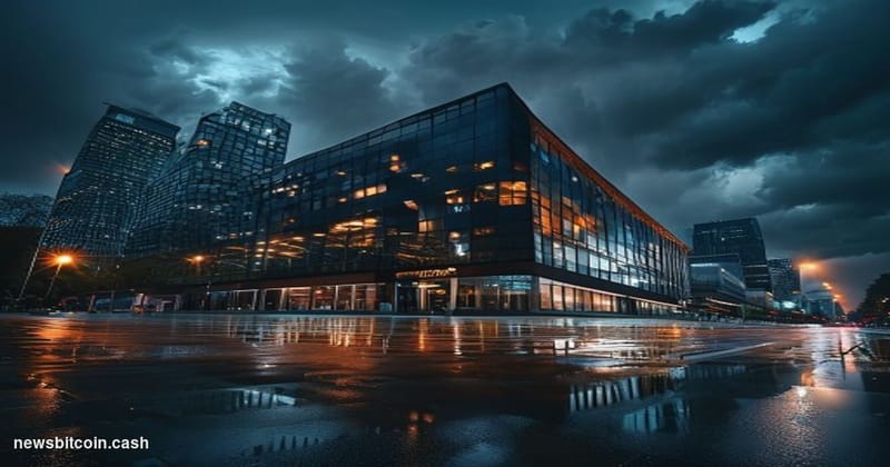 A cinematic photorealistic editorial photograph showing the exterior of Binance's headquarters building at dusk, with dramati