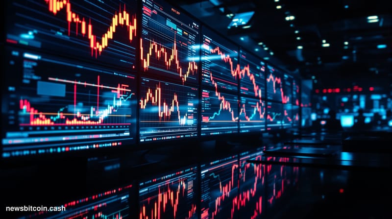 A cinematic photorealistic editorial photograph of cryptocurrency trading screens displaying Bitcoin price charts in a darken