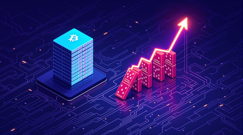 Isometric flat vector illustration showing a Bitcoin blockchain ledger on the left with stacked blocks in electric blue (#5B5