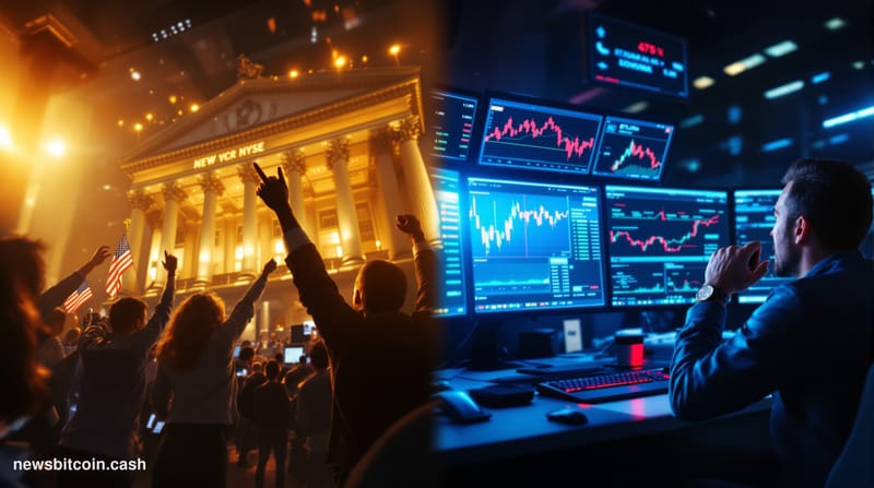 A cinematic photorealistic editorial photograph showing a dramatic split-screen composition of financial markets in action. L