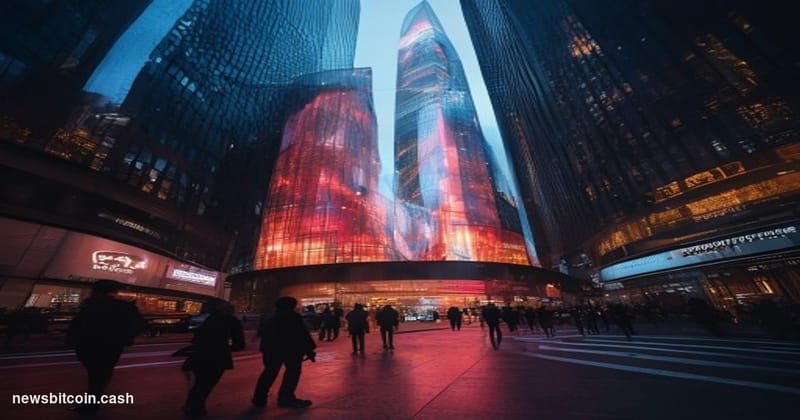 A cinematic photorealistic editorial photograph showing a dramatic view of the NASDAQ building in Times Square, New York City