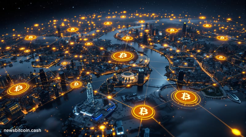 A cinematic photorealistic editorial photograph showing a dramatic overhead view of interconnected financial districts from m