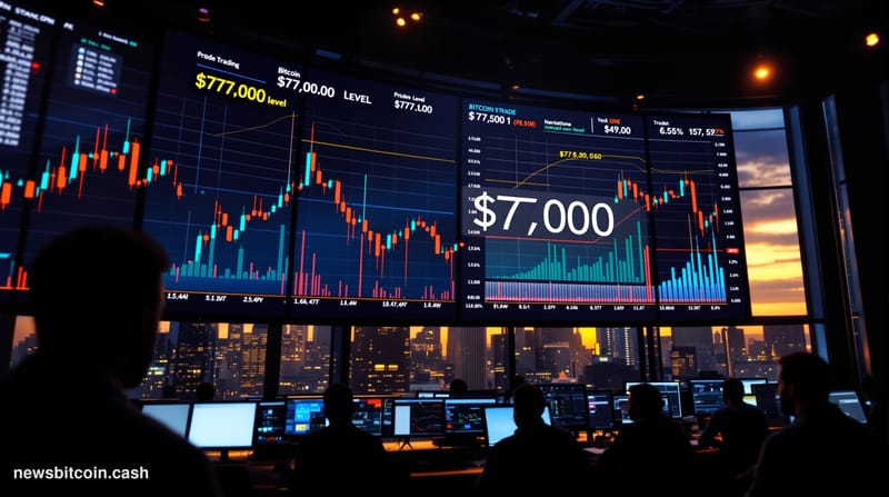 A cinematic photorealistic editorial photograph capturing Bitcoin's price action tension at a modern cryptocurrency trading f