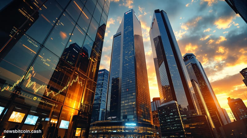 A cinematic photorealistic editorial photograph showing a dramatic low-angle view of towering glass and steel financial skysc