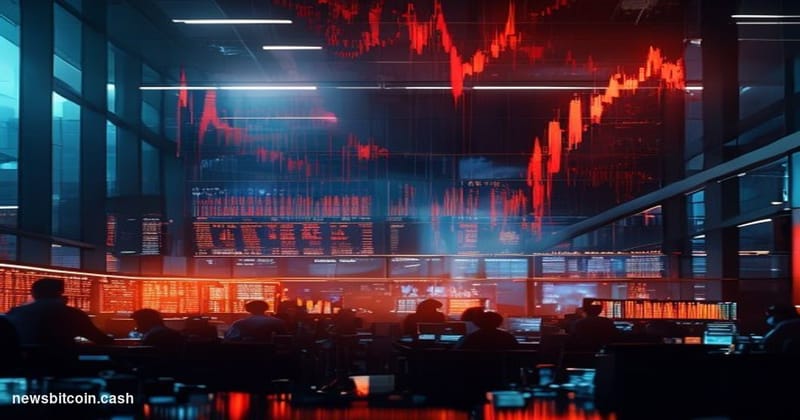 A cinematic photorealistic editorial photograph showing a dramatic financial trading floor scene with multiple large screens 