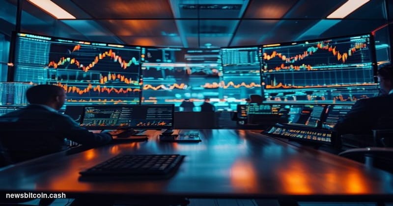 A cinematic photorealistic editorial photograph of a professional cryptocurrency trading floor or institutional trading desk,
