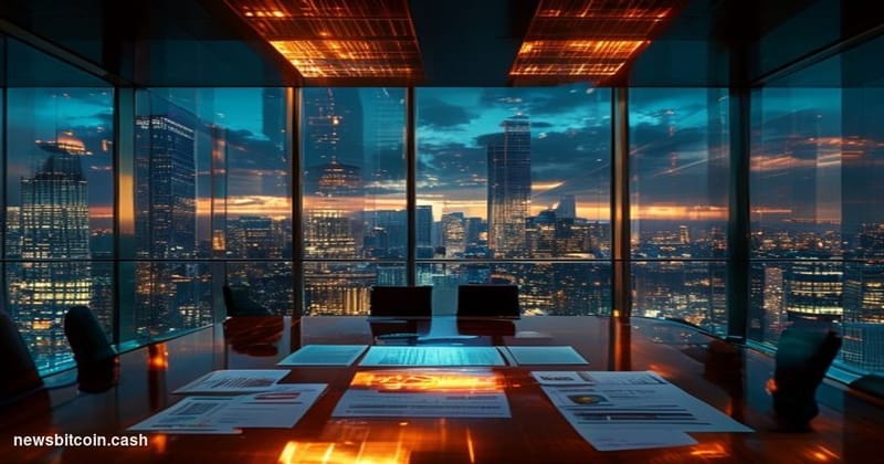 A cinematic photorealistic editorial photograph of a modern corporate boardroom with floor-to-ceiling windows overlooking a f