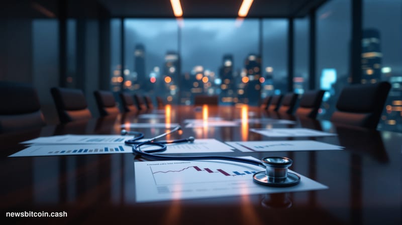 A cinematic photorealistic editorial photograph capturing a stark corporate boardroom scene with dramatic lighting contrastin