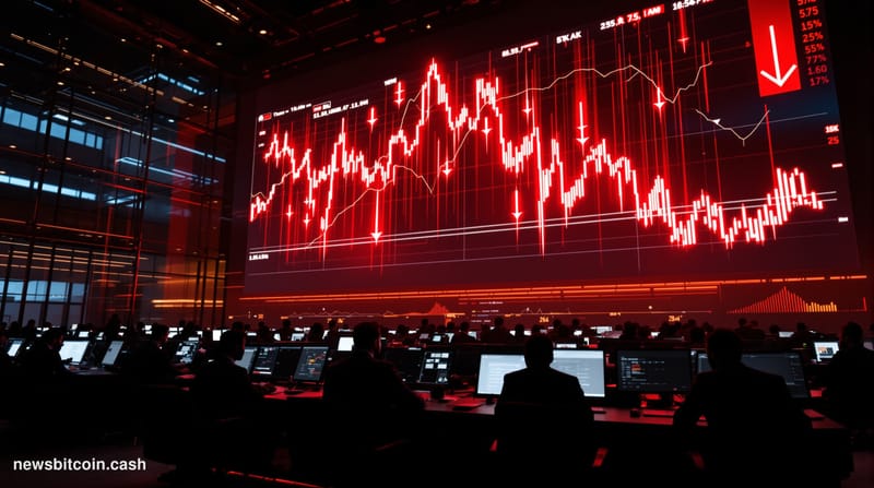 A cinematic photorealistic editorial photograph showing a dramatic view of a large-scale cryptocurrency trading floor or fina