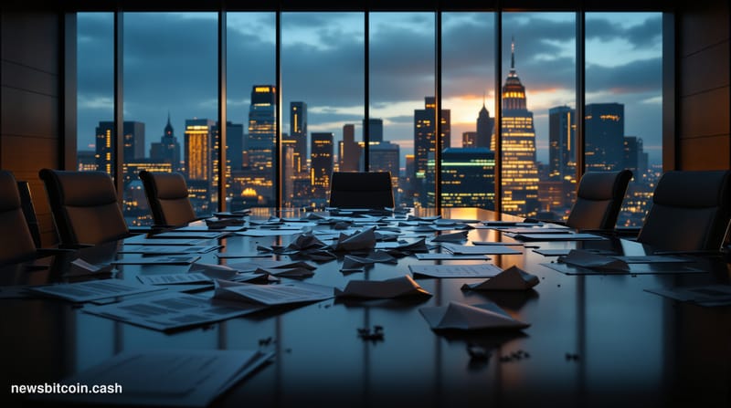 A cinematic photorealistic editorial photograph showing a dramatic corporate boardroom scene with two distinct seating areas 