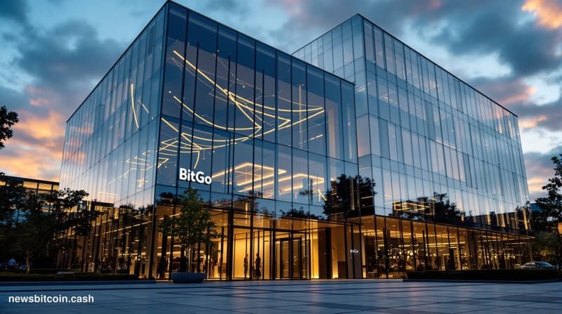 A cinematic photorealistic editorial photograph showcasing BitGo's corporate headquarters in Palo Alto, California, with the 