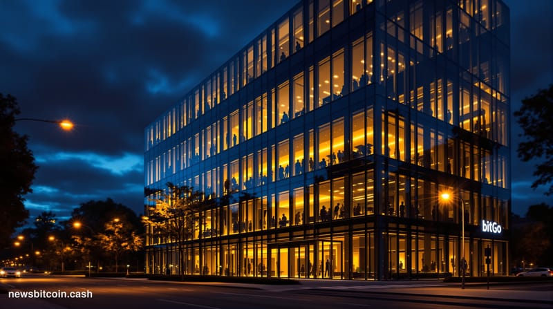 A cinematic photorealistic editorial photograph of BitGo's Palo Alto headquarters exterior at dusk, with the company's sleek 