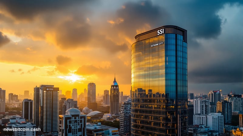 A cinematic photorealistic editorial photograph showing the modern skyline of Ho Chi Minh City, Vietnam at golden hour, with 
