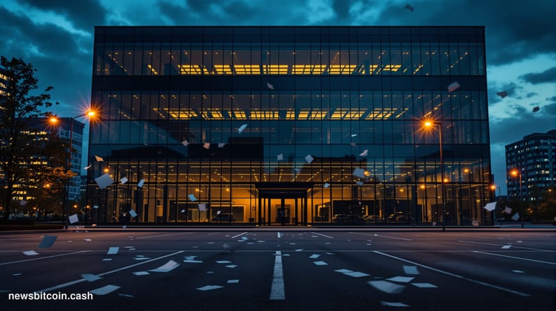 A cinematic photorealistic editorial photograph showing the exterior of a modern office building at dusk with darkened window
