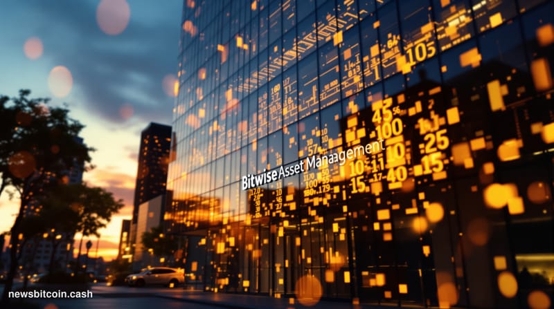 A cinematic photorealistic editorial photograph of Bitwise Asset Management's San Francisco headquarters at golden hour, shot