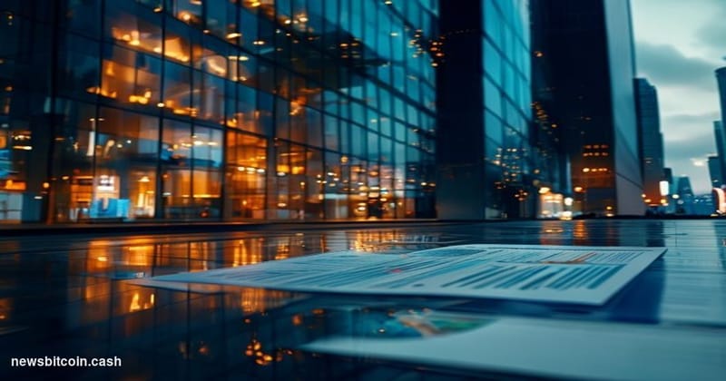A cinematic photorealistic editorial photograph showing the Bitwise Asset Management headquarters in San Francisco, with dram