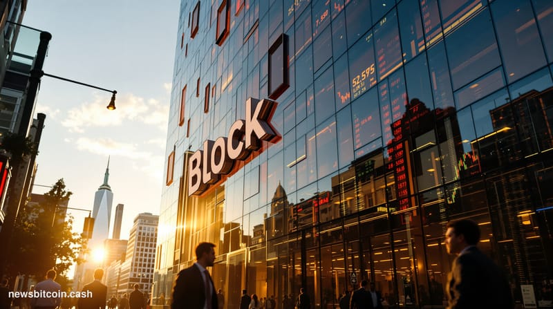 A cinematic photorealistic editorial photograph of Block Inc's modern glass headquarters building in San Francisco's SOMA dis